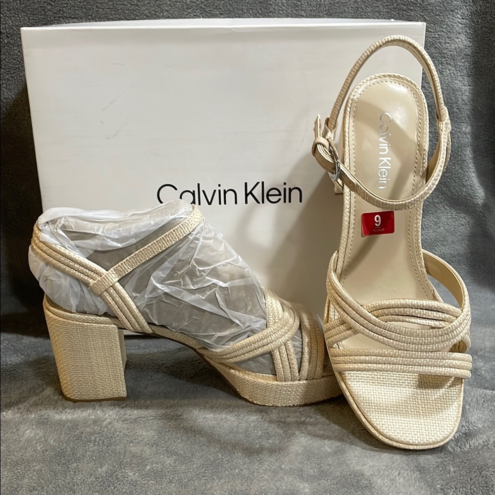 Calvin Klein Cream Strappy Heels with Block Heel